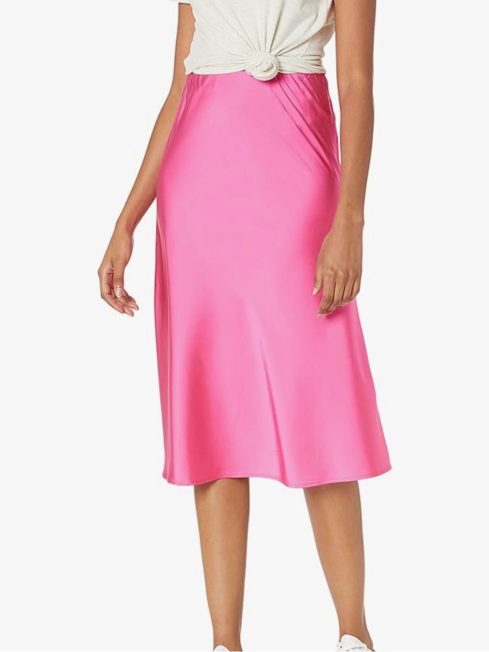The Drop Satin Pink Midi Skirt — Smooth Flare